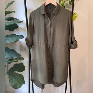 Gibsonlook Olive Green Button Front Tunic Dress Small Roll Tab Sleeves Pockets